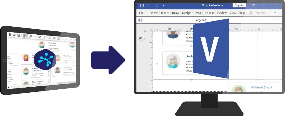 An yFiles diagram displayed on a tablet, with a VSDX diagram shown on a monitor.